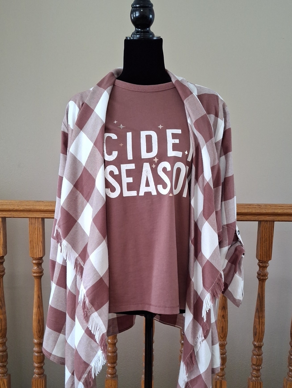 Plaid Open Front Cardigan & 'Cider Season' Tee - Dusty Rose
